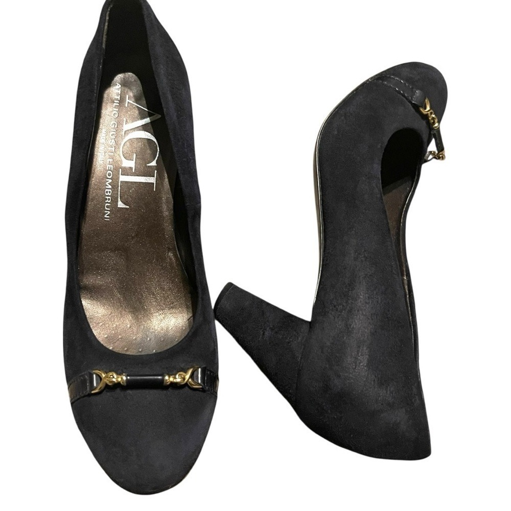 AGL Women Black Suede Horsebit Block Heel Pumps 36.5 Italian Leather Designer